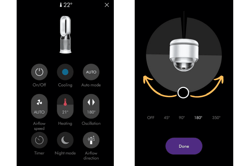 The control interface of the Dyson Link app with all the functions for controlling and adjusting the angle of the Dyson air purifier.